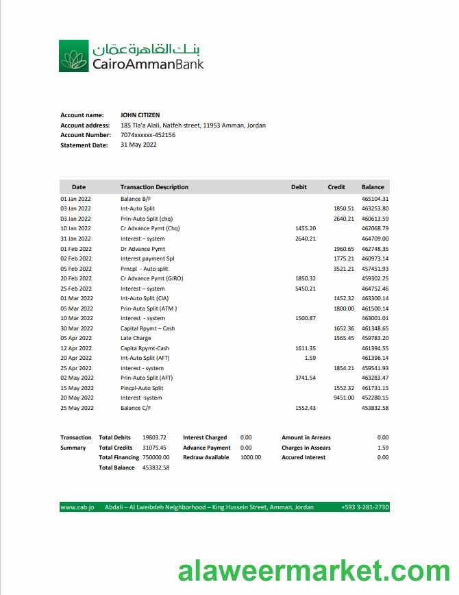 Jordan Cairo Amman bank statement template, Excel and PDF format